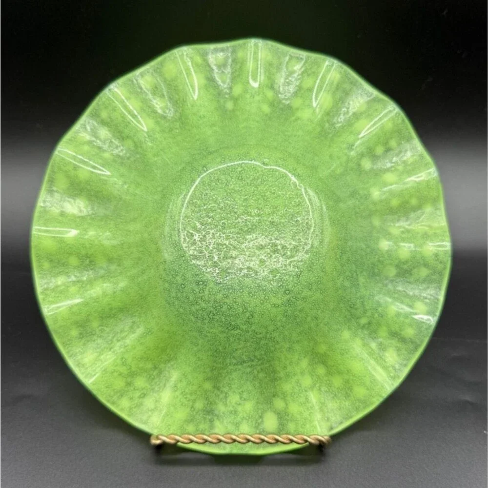 Vintage Murano Art Glass Green Clamshell Bowl 7